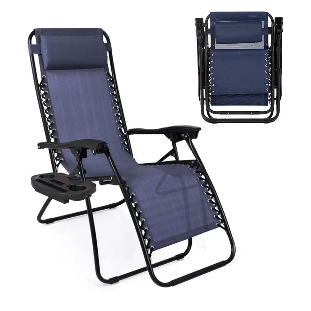NavyBlue Adjustable Folding Zero Gravity Lounge Chair with Pillow and Cup Holder M603336