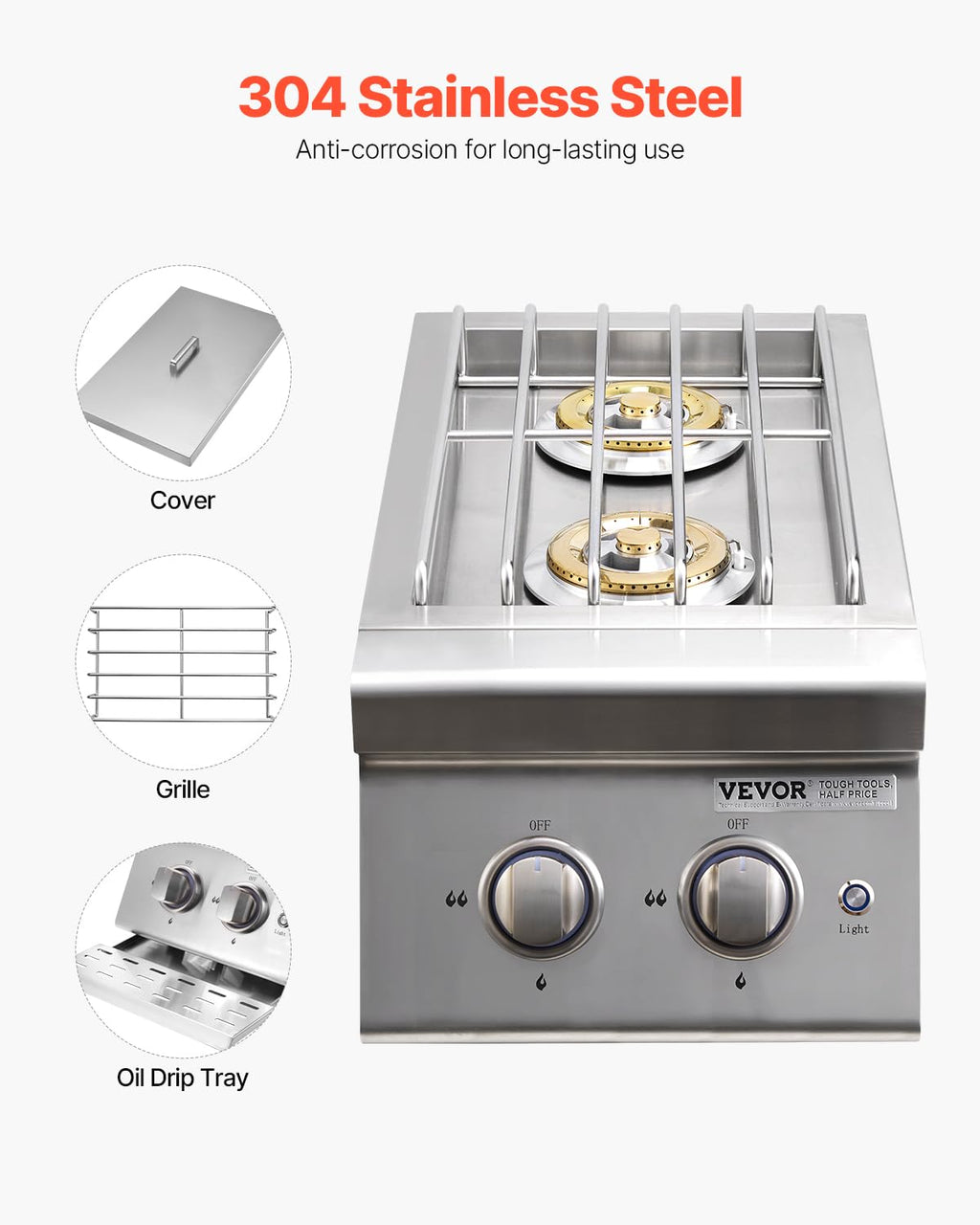 Double Side Burners, 2 x 17,000BTU Liquid Propane, Convertible to Natural Gas, 304 Stainless Steel Built-in W848194