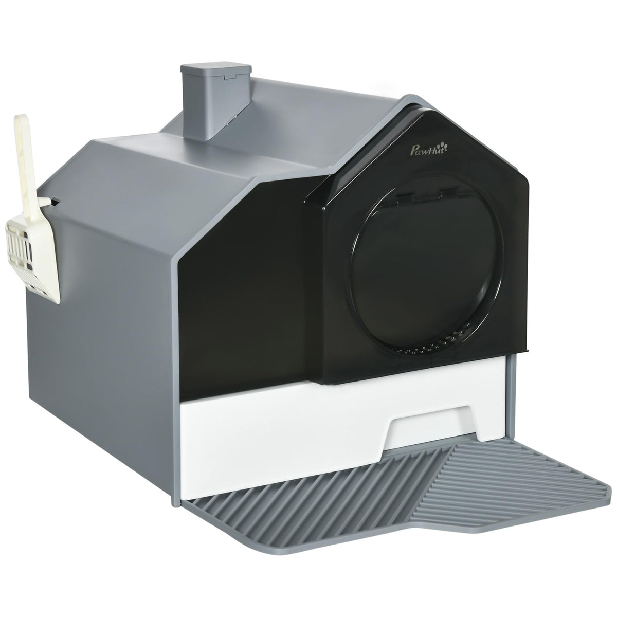 Hooded Cat Litter Box with Litter Mat, Pull-Out Drawer, Handle, Scoop, Gray L84311