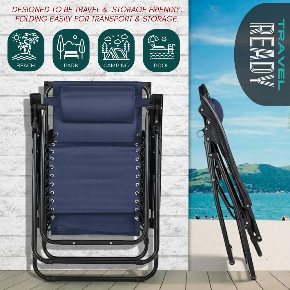 NavyBlue Adjustable Folding Zero Gravity Lounge Chair with Pillow and Cup Holder M603336