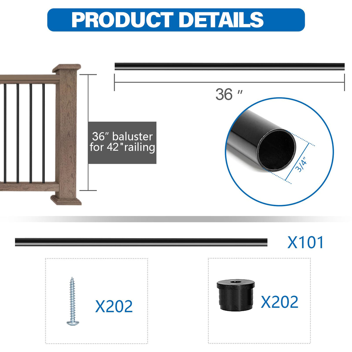 101 Pack 36" Round Black Aluminum Deck Balusters S44976