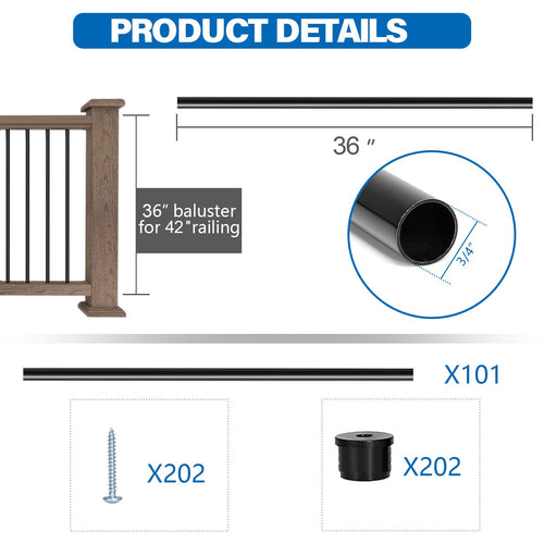 101 Pack 36" Round Black Aluminum Deck Balusters S44976