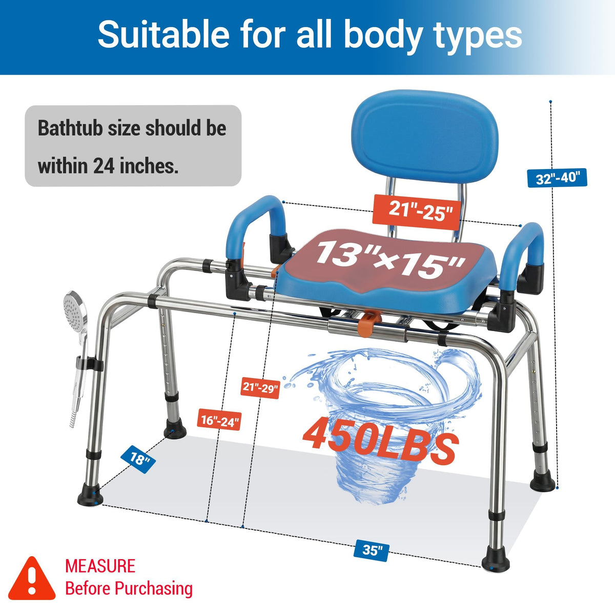 Sliding Shower Chair Tub Transfer Bench with 360° Swivel Seat K917822