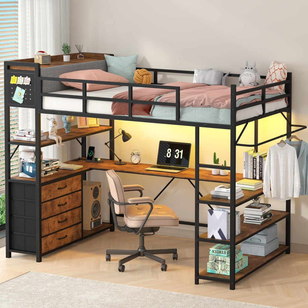 Twin Size Loft Bed with Storage and Desk L206