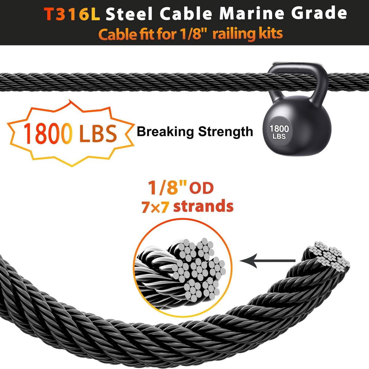 Black Stainless Steel Cable for Railing 220FT 1/8" T316 Wire Rope A3569