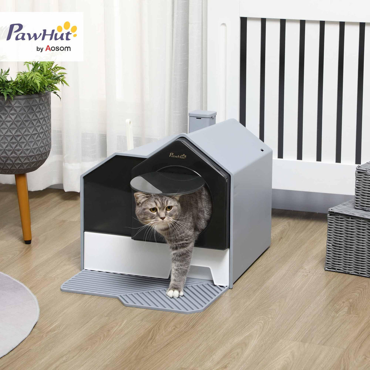 Hooded Cat Litter Box with Litter Mat, Pull-Out Drawer, Handle, Scoop, Gray L84311