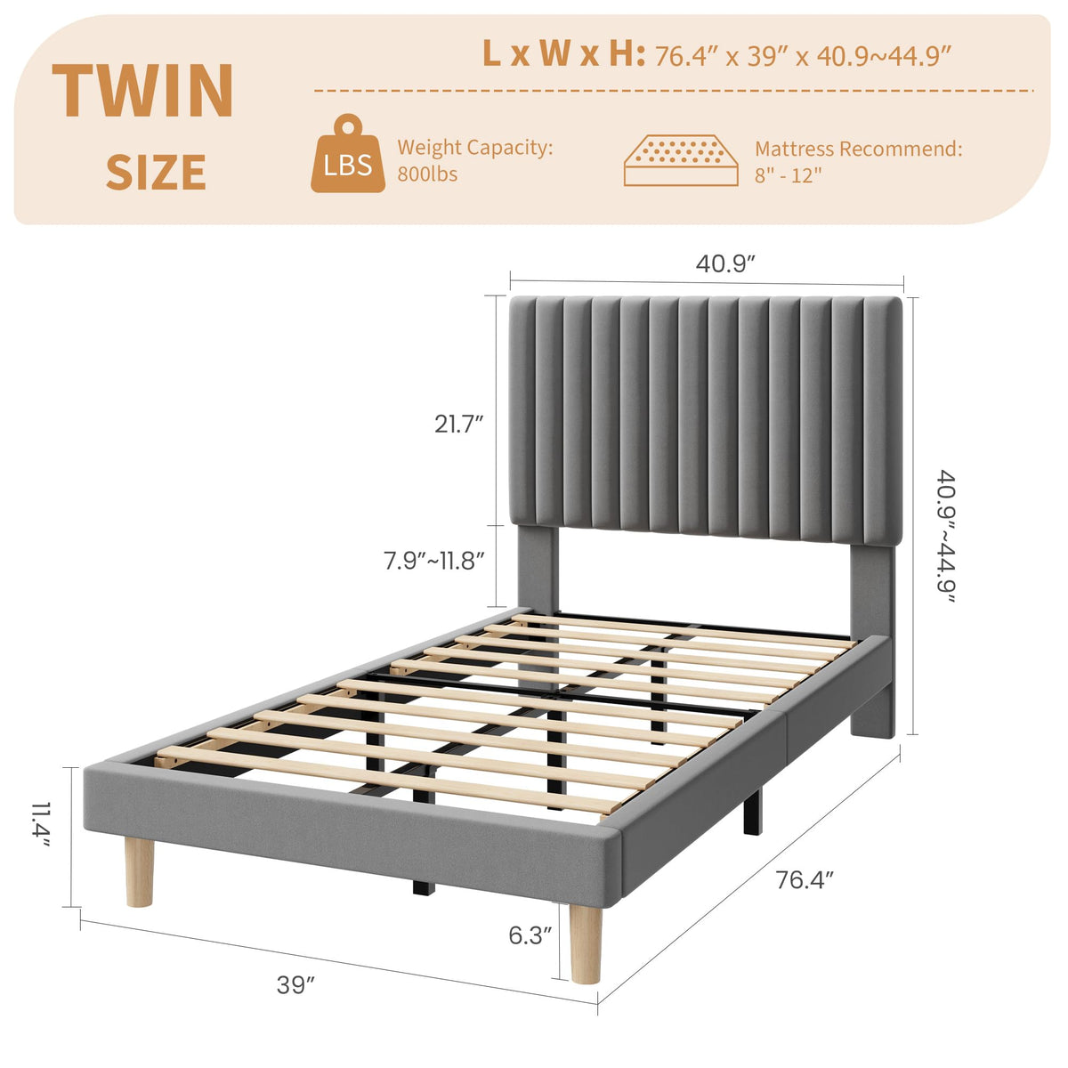 Velvet Upholstered Platform Bed with Adjustable Headboard K1042