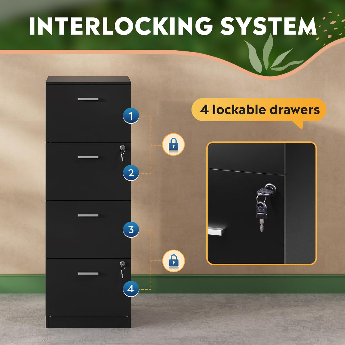 4 Drawer Wood File Cabinet with Lock R8871
