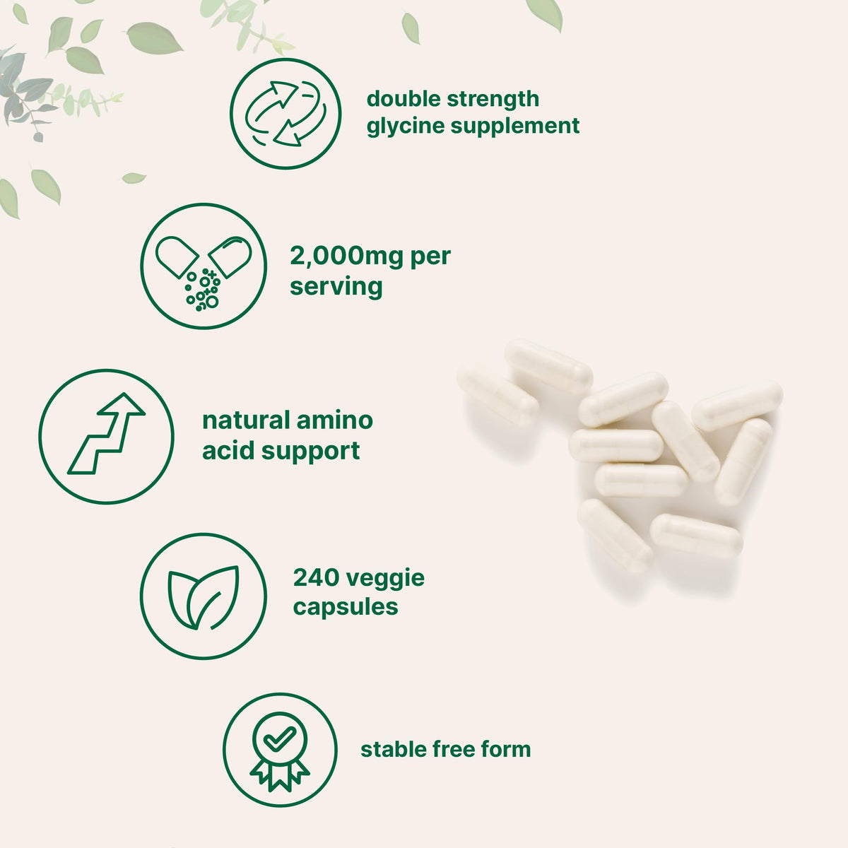 Glycine 2,000mg 240 Veggie Capsules Double Strength Amino Acids S5527