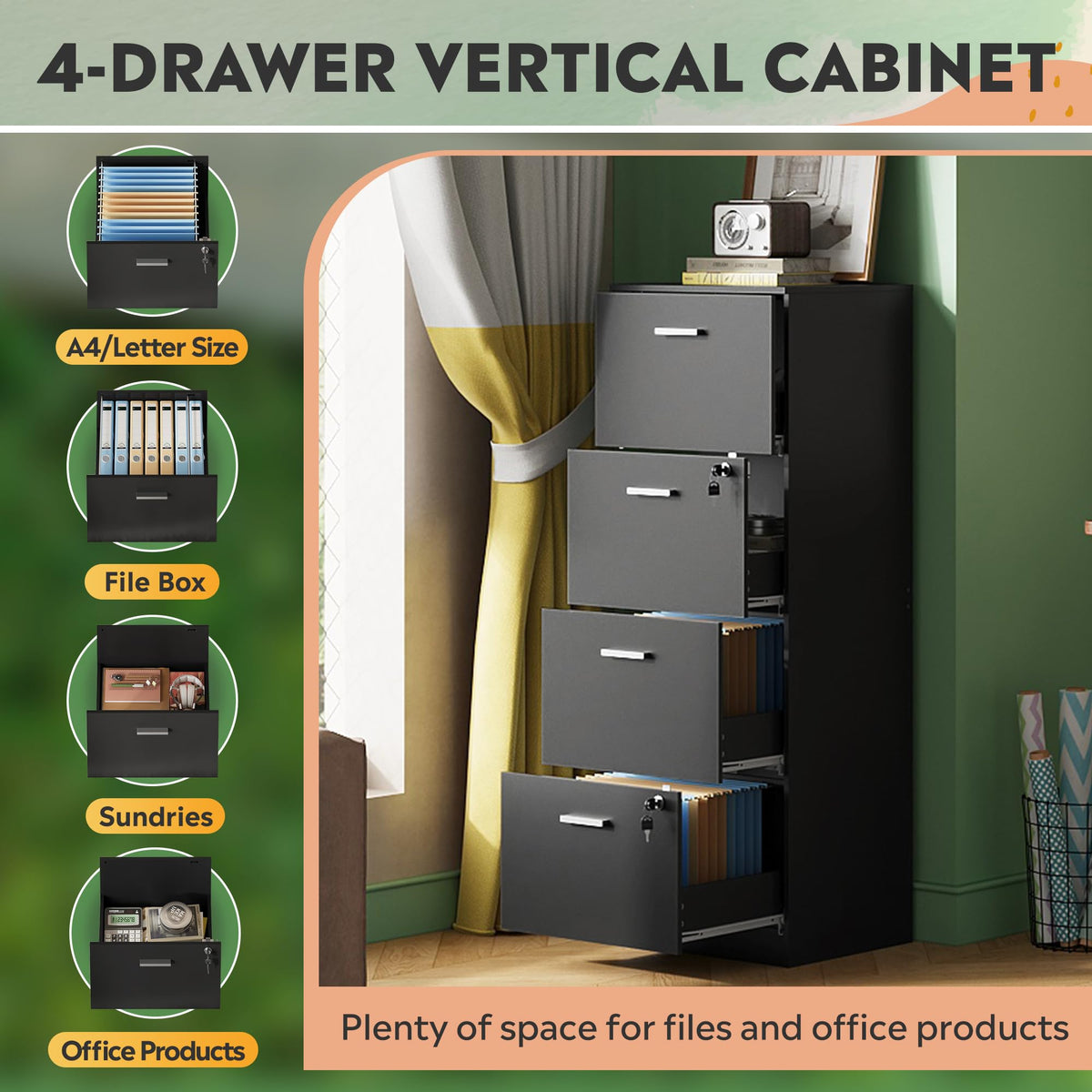 4 Drawer Wood File Cabinet with Lock R8871