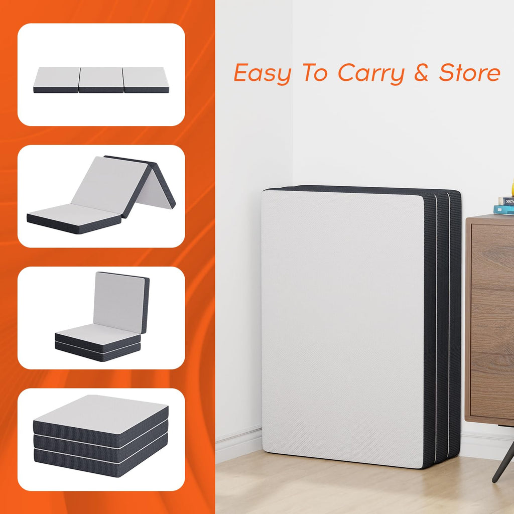 4 inch Tri Fold Memory Foam Mattress Topper with Washable Cover P9129