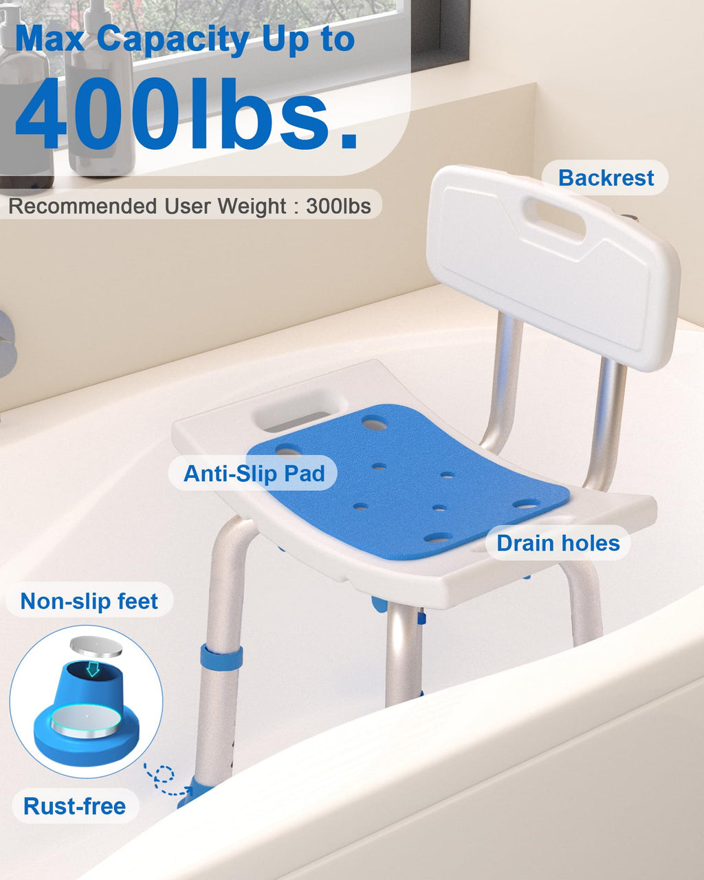 Heavy Duty Height Adjustable Shower Chair with Arms and Back O9636