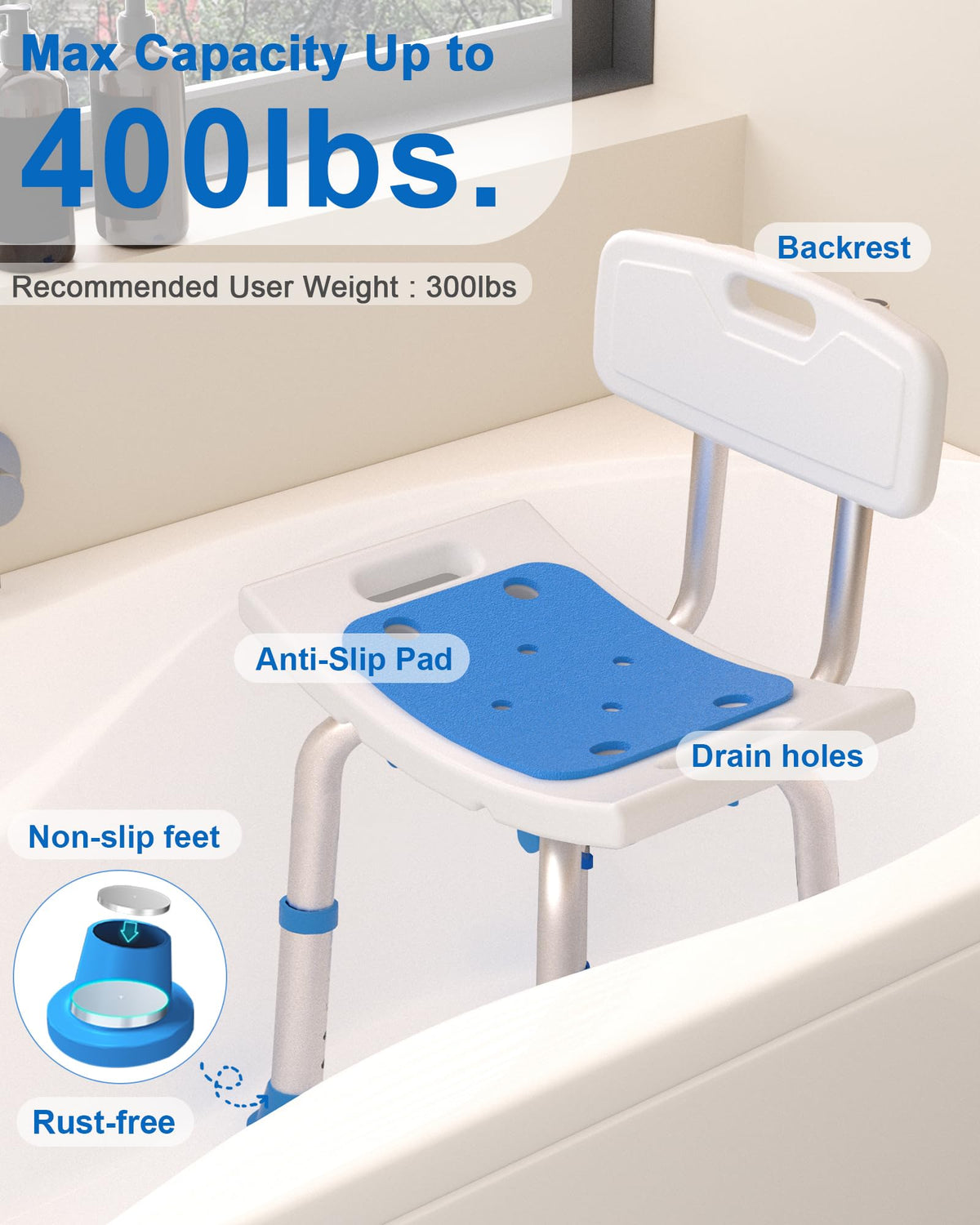 Heavy Duty Height Adjustable Shower Chair with Arms and Back O9636