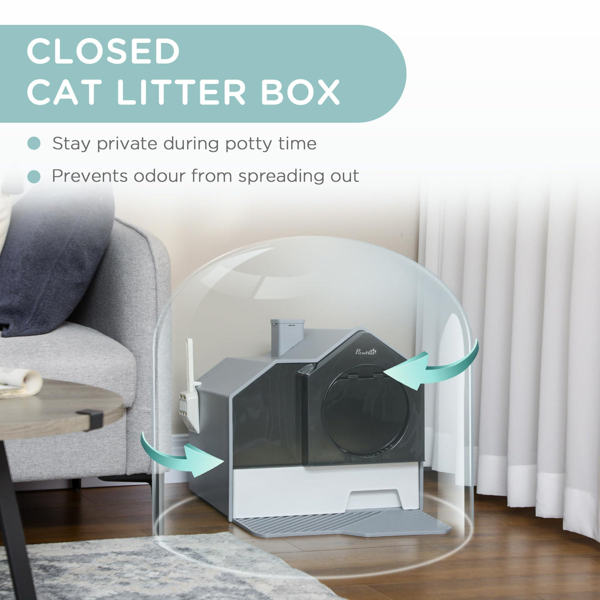Hooded Cat Litter Box with Litter Mat, Pull-Out Drawer, Handle, Scoop, Gray L84311