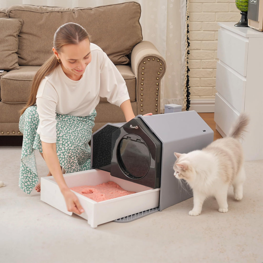 Hooded Cat Litter Box with Litter Mat, Pull-Out Drawer, Handle, Scoop, Gray L84311