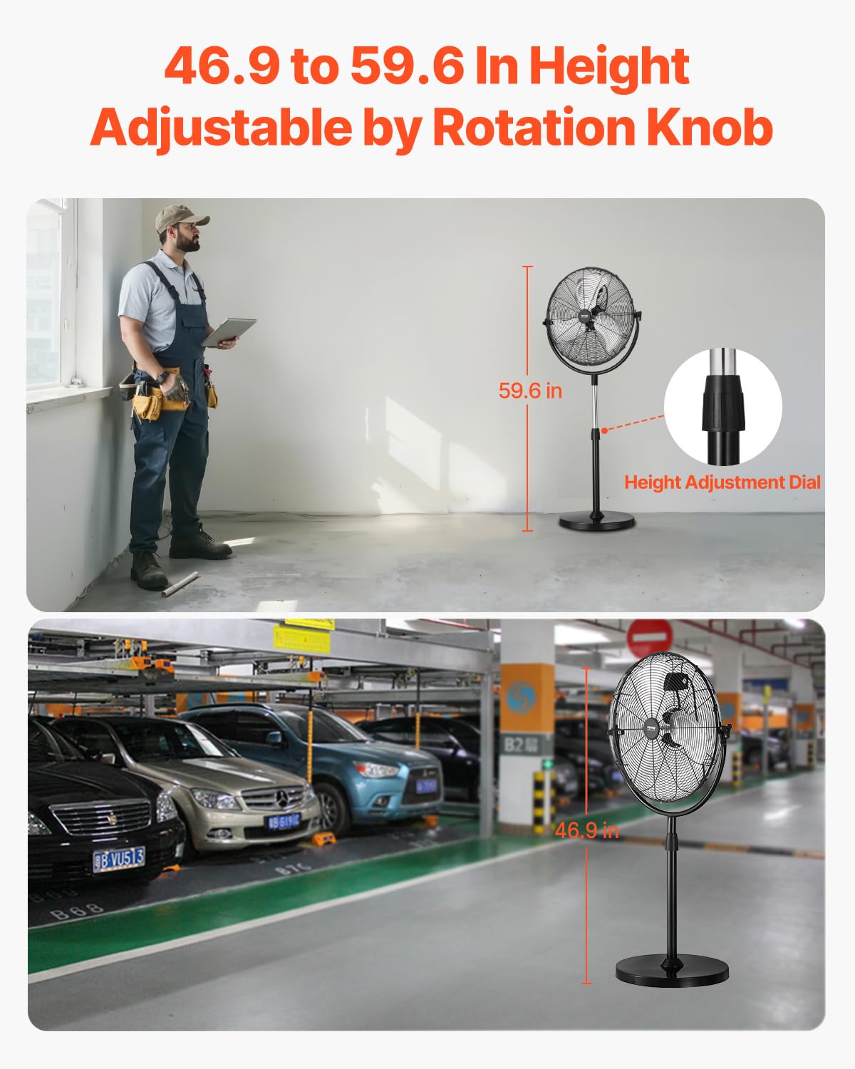 20 Inch 3 Speed Adjustable Height Pedestal Fan D7135