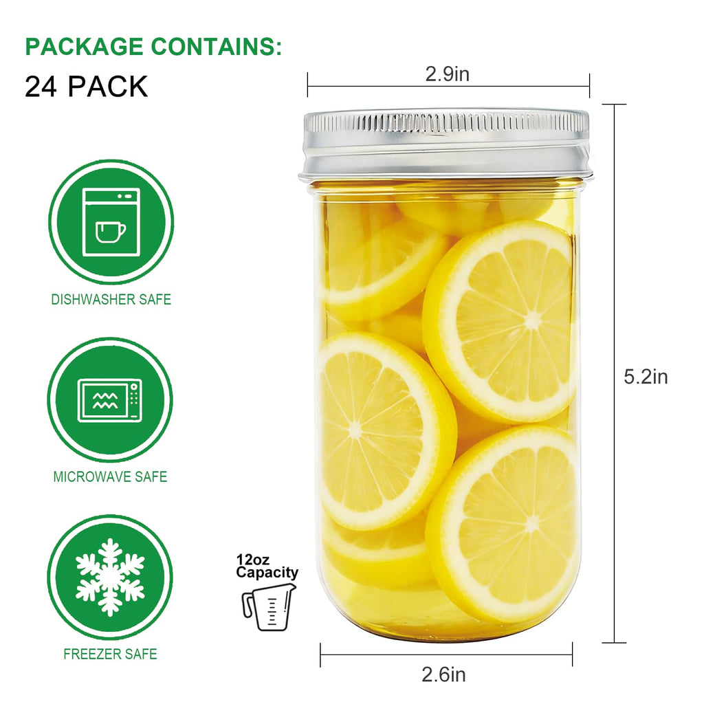 24 Pack 12 oz Mason Jars with Lids X17843