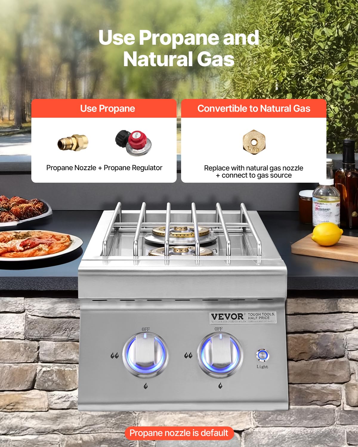 Double Side Burners, 2 x 17,000BTU Liquid Propane, Convertible to Natural Gas, 304 Stainless Steel Built-in W848194