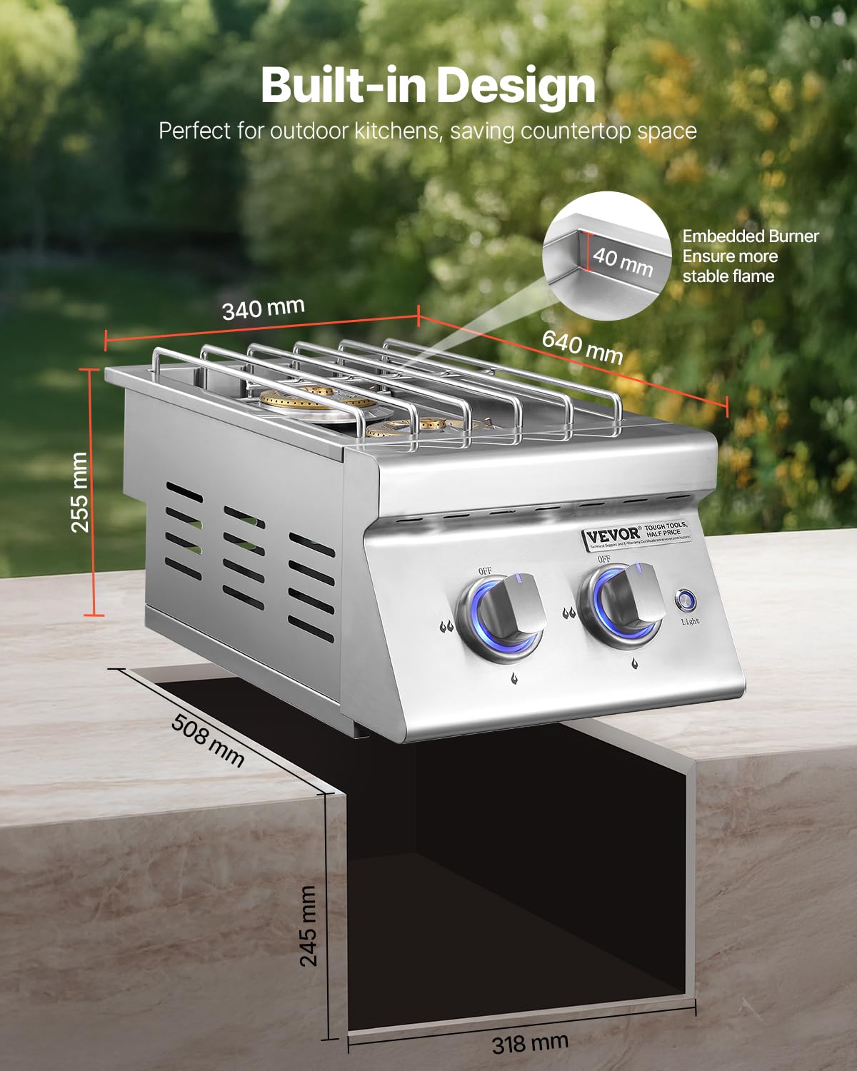 Double Side Burners, 2 x 17,000BTU Liquid Propane, Convertible to Natural Gas, 304 Stainless Steel Built-in W848194