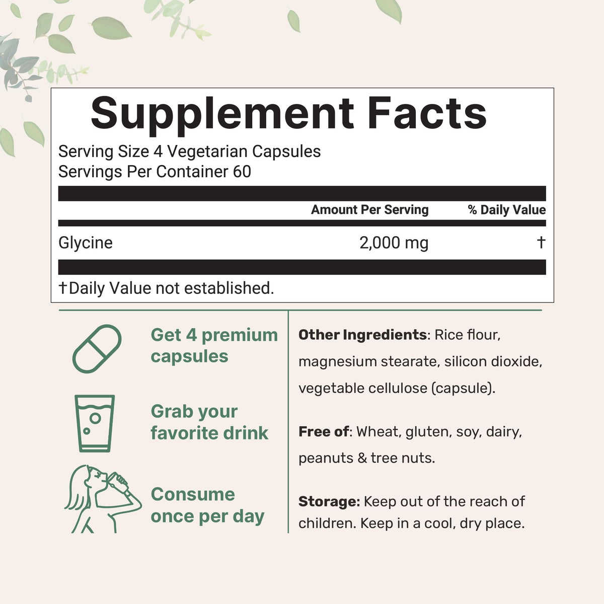 Glycine 2,000mg 240 Veggie Capsules Double Strength Amino Acids S5527