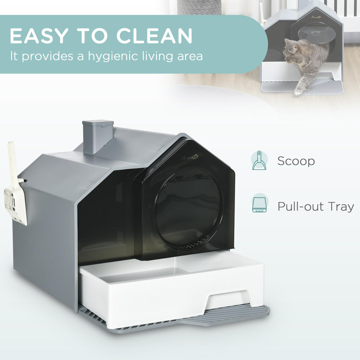 Hooded Cat Litter Box with Litter Mat, Pull-Out Drawer, Handle, Scoop, Gray L84311
