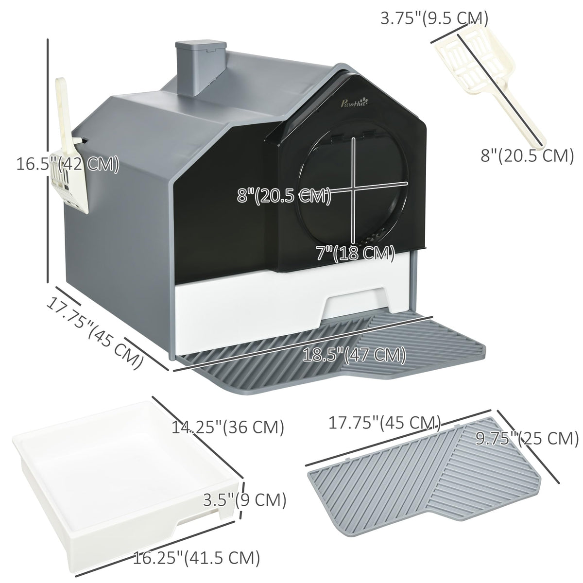 Hooded Cat Litter Box with Litter Mat, Pull-Out Drawer, Handle, Scoop, Gray L84311