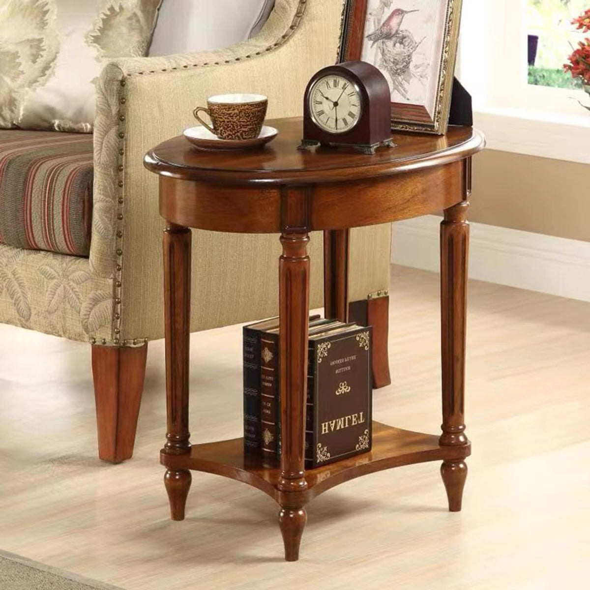Oval Cherry Finish Wood End Table with Storage Shelf O584