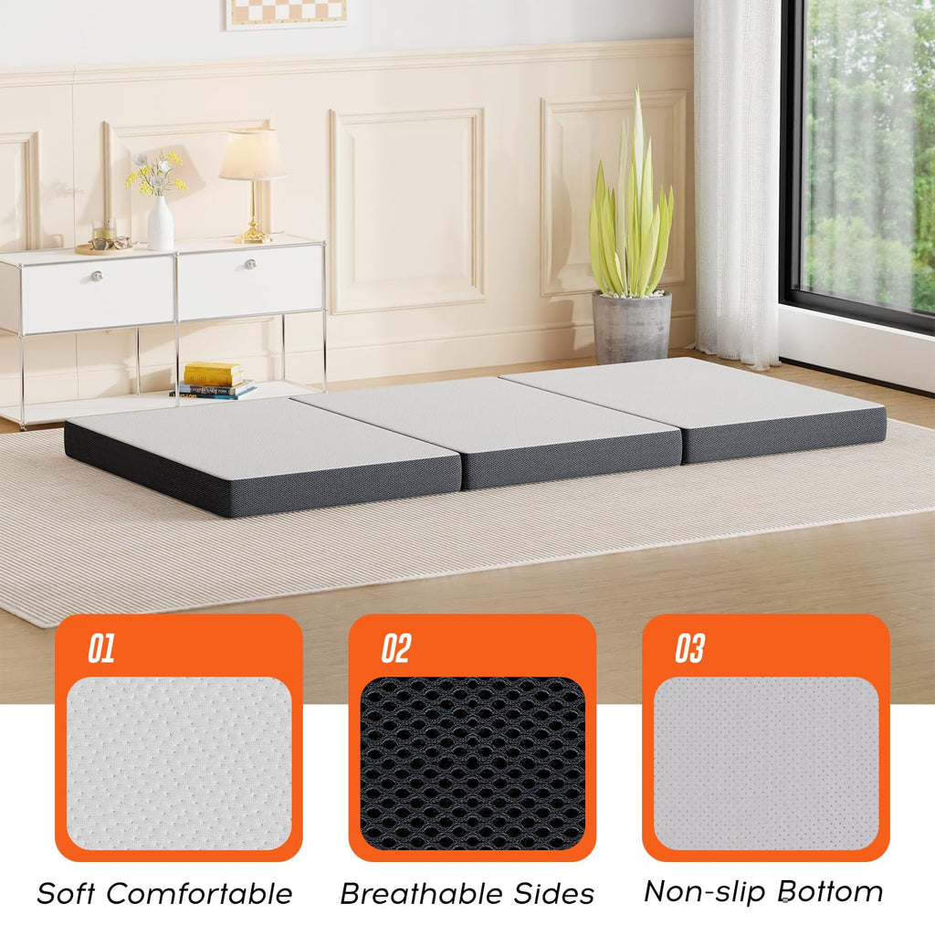 4 inch Tri Fold Memory Foam Mattress Topper with Washable Cover P9129