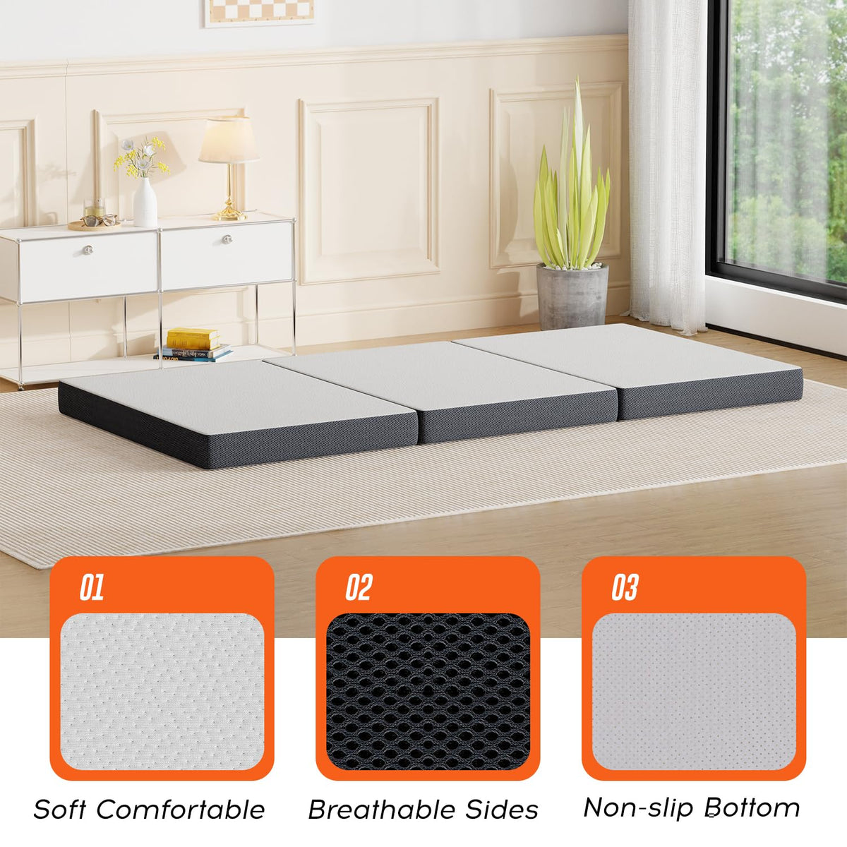 4 inch Tri Fold Memory Foam Mattress Topper with Washable Cover P9129