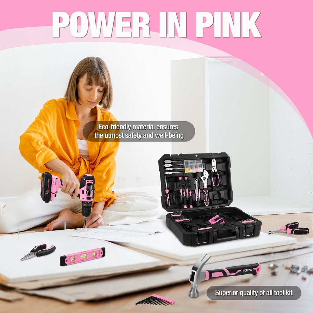 Pink Cordless Drill and 141-Piece Home Tool Kit T6805