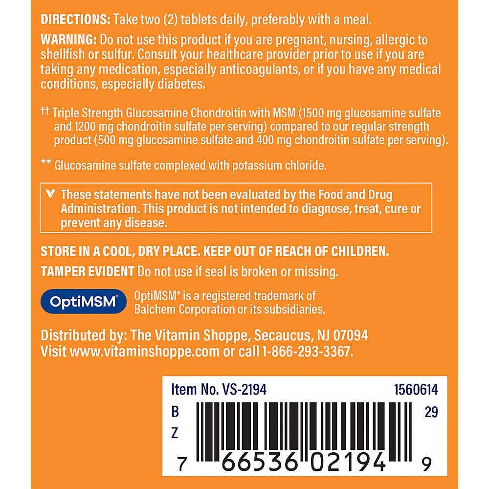 Triple Strength Glucosamine Chondroitin with MSM 1,500 MG 60 Tablets H585