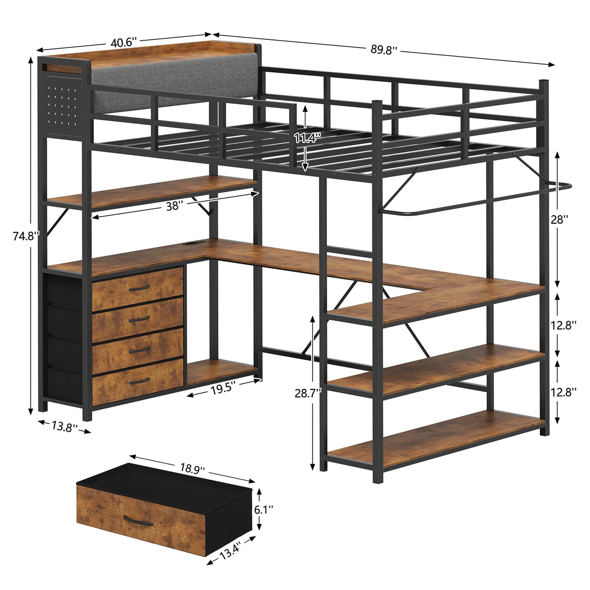 Twin Size Loft Bed with Storage and Desk L206