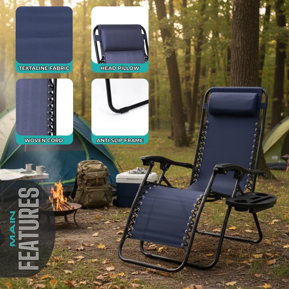 NavyBlue Adjustable Folding Zero Gravity Lounge Chair with Pillow and Cup Holder M603336