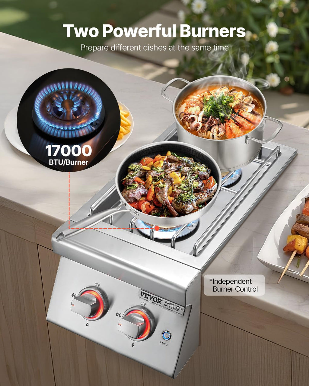 Double Side Burners, 2 x 17,000BTU Liquid Propane, Convertible to Natural Gas, 304 Stainless Steel Built-in W848194