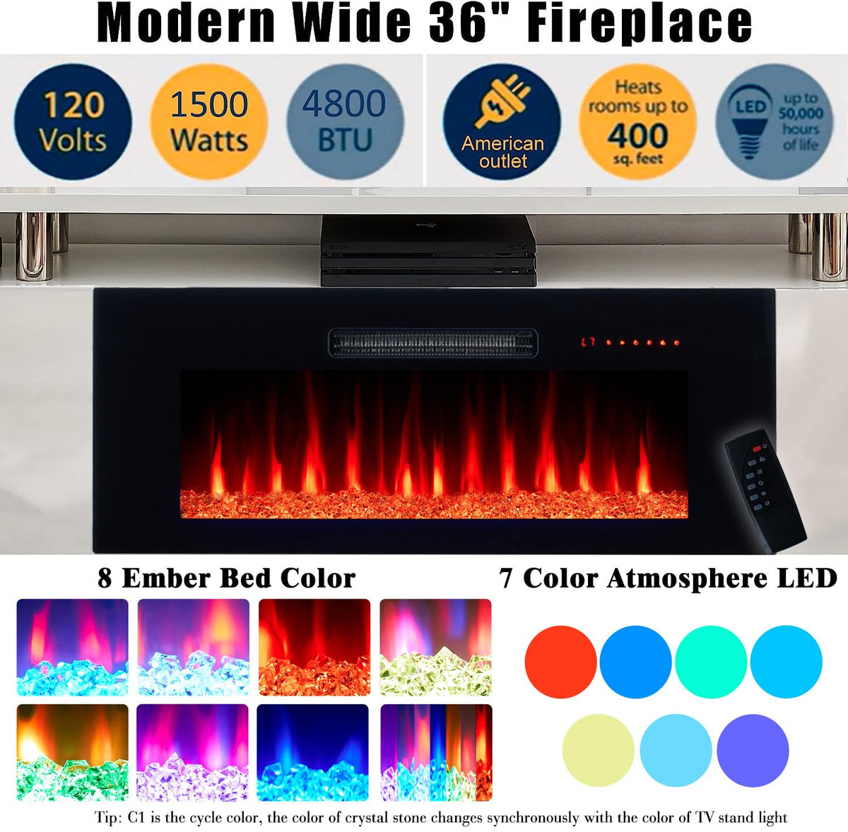 70" High-Gloss TV Stand with 36" Electric Fireplace G6991