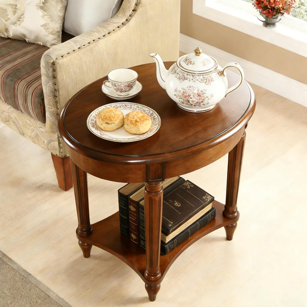 Oval Cherry Finish Wood End Table with Storage Shelf O584