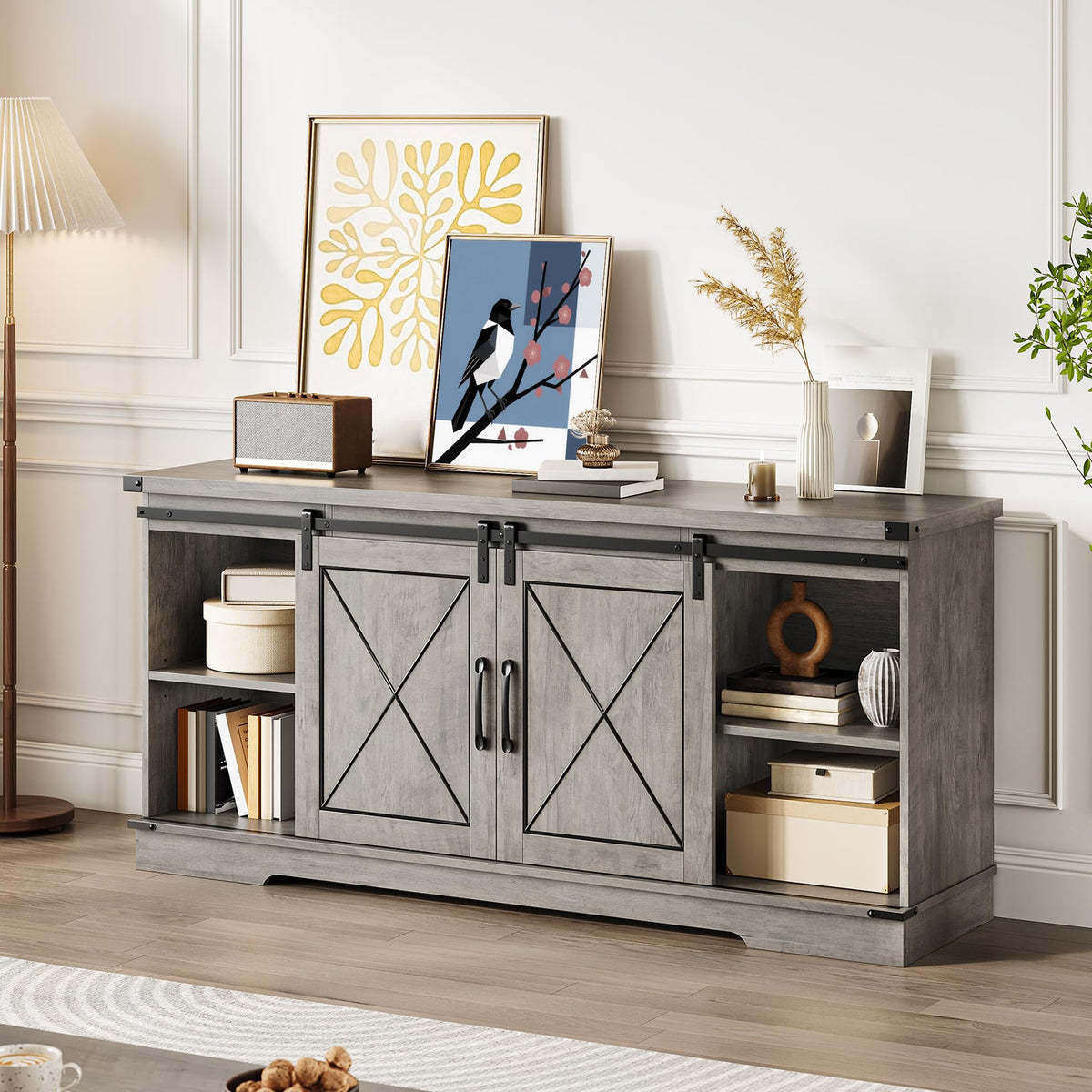 Farmhouse TV Stand with Storage Cabinets & Sliding Barn Door O45727