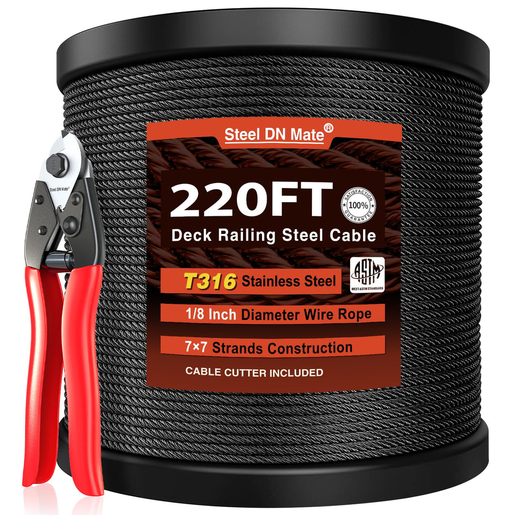 Black Stainless Steel Cable for Railing 220FT 1/8" T316 Wire Rope A3569