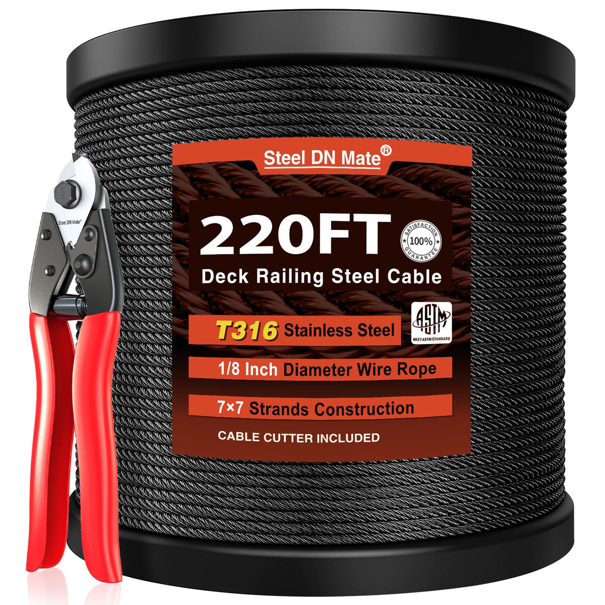 Black Stainless Steel Cable for Railing 220FT 1/8" T316 Wire Rope A3569