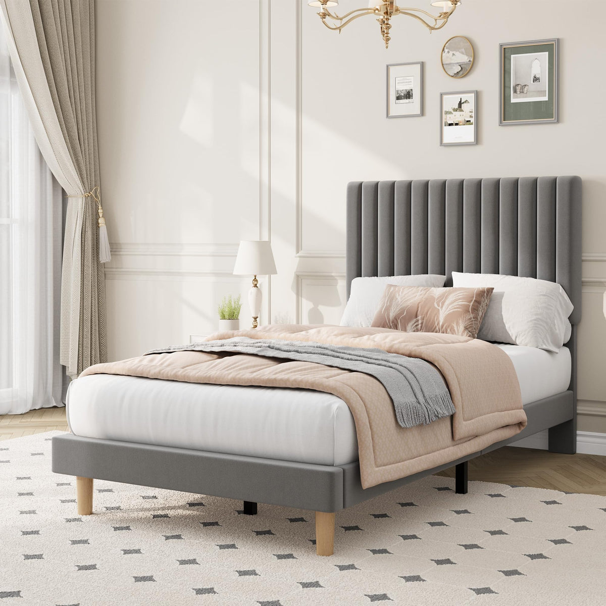 Velvet Upholstered Platform Bed with Adjustable Headboard K1042