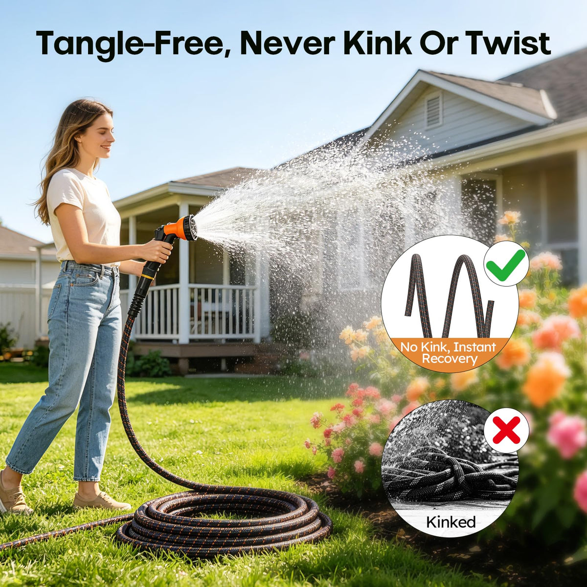 3/4" Flexible Non-Expandable Garden Hose with 10 Function Nozzle, 100ft V676015