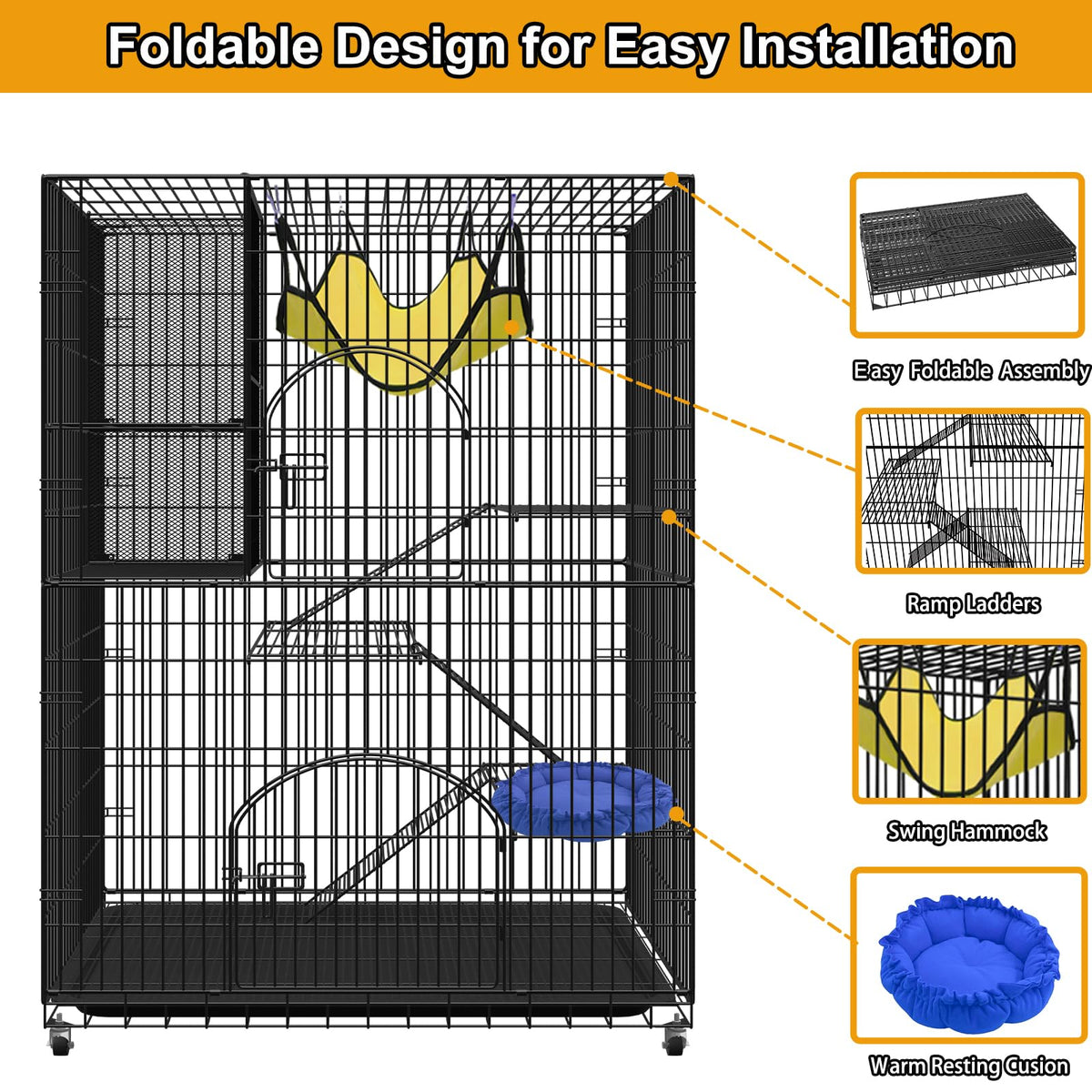 Extra Large 4-Tier Collapsible Cat Cage with Storage Cube G1478