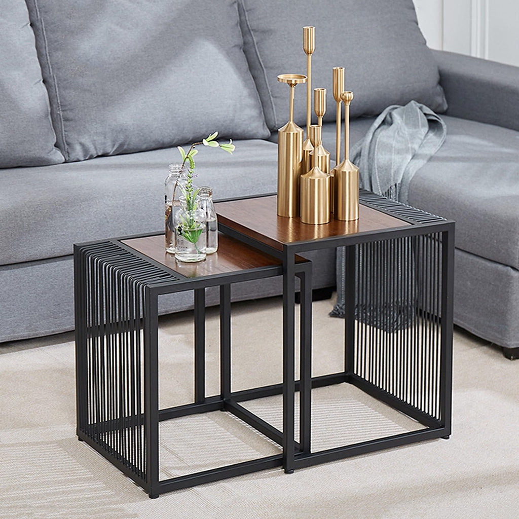 Set of 2 Square Nesting Coffee Table with Metal Frame R665