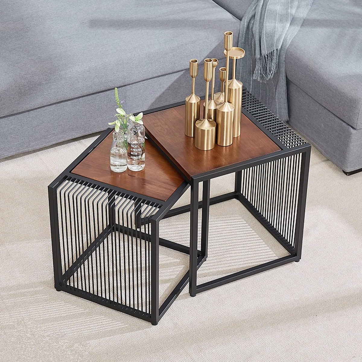 Set of 2 Square Nesting Coffee Table with Metal Frame R665