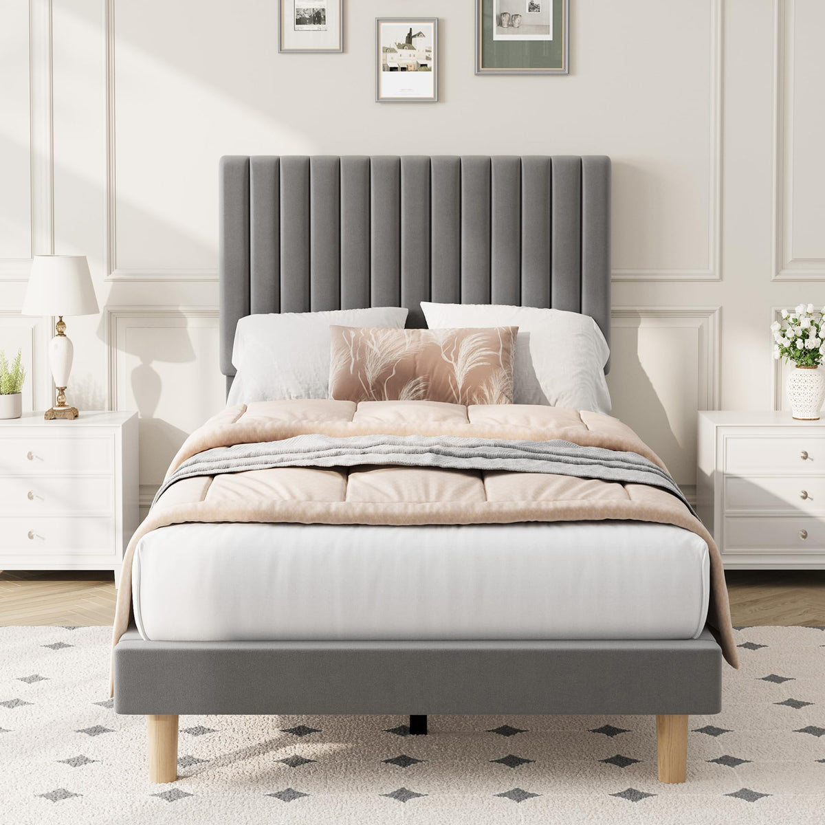 Velvet Upholstered Platform Bed with Adjustable Headboard K1042