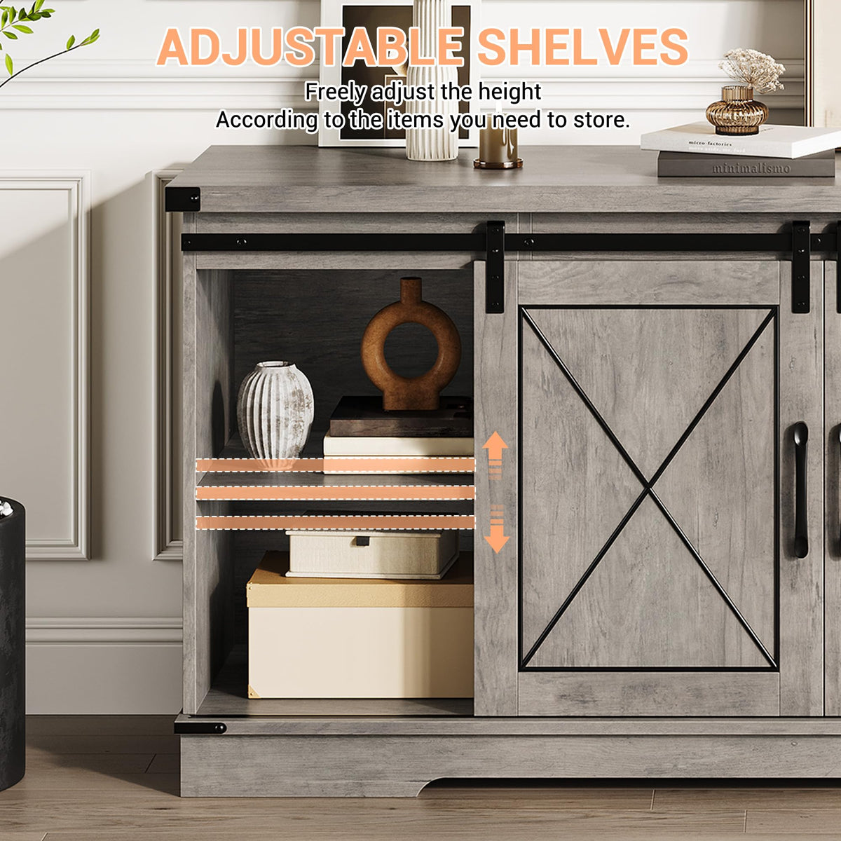 Farmhouse TV Stand with Storage Cabinets & Sliding Barn Door O45727