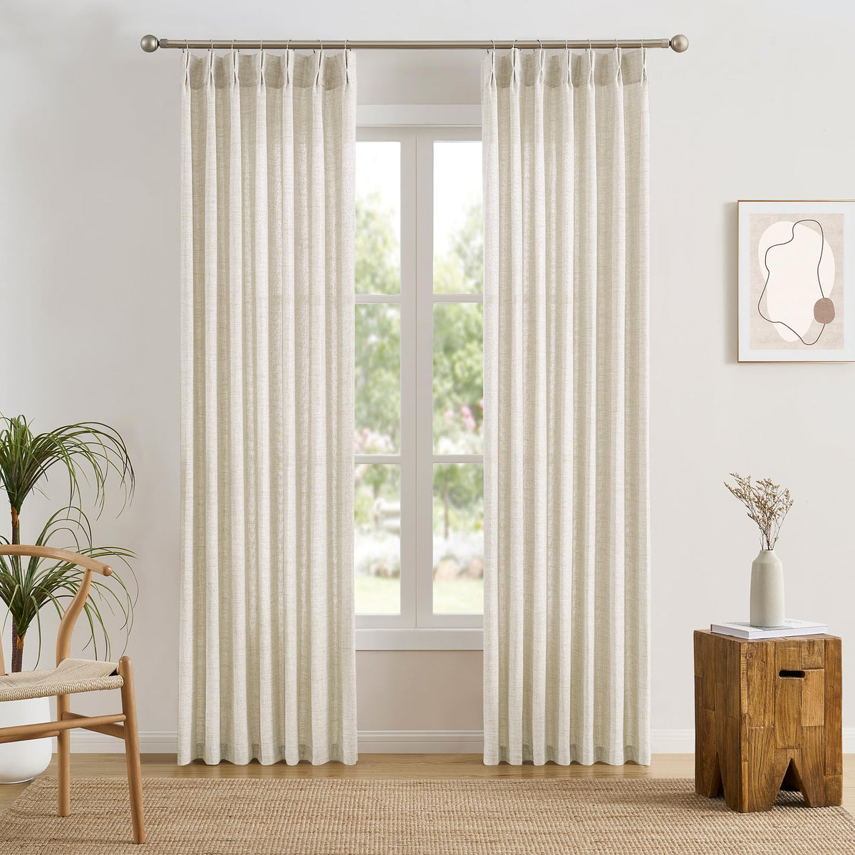 Pinch Pleated Sheer Curtains 140 Inches Long Cream Linen Textured Set of 2 U406064