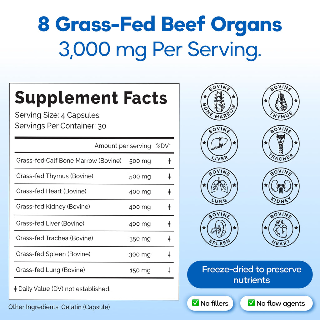 Grass Fed Beef Organ Supplement 3000mg 8 Organs 120 Capsules M70455