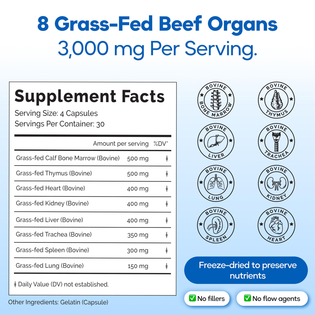 Grass Fed Beef Organ Supplement 3000mg 8 Organs 120 Capsules M70455