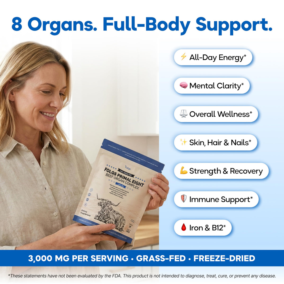 Grass Fed Beef Organ Supplement 3000mg 8 Organs 120 Capsules M70455
